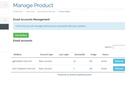 PolarisMail's WHMCS module lets resellers add, remove and suspend mailboxes as well as more advanced management for each account.