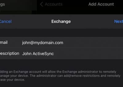 PolarisMail with ActiveSync - step 3 - fill in your full email address and name the account