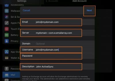PolarisMail with ActiveSync - step 5 - fill in the email address, password and server name