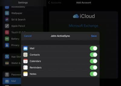 PolarisMail with ActiveSync - step 6 - choose what you want to synchronize - mail, contacts, calendars and notes