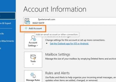 PolarisMail email setup example in Office 365 - Step 0 - click on the Add Account button