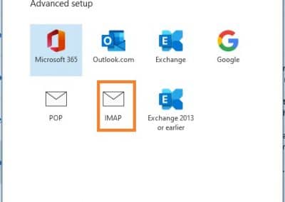 PolarisMail email setup example in Office 365 - Step 2 - select IMAP as account type