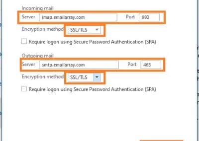 PolarisMail email setup example in Office 365 - Step 3 - fill in the account server settings