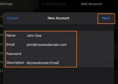 Apple Mail - Add Account - fill in your existing email address, password and name