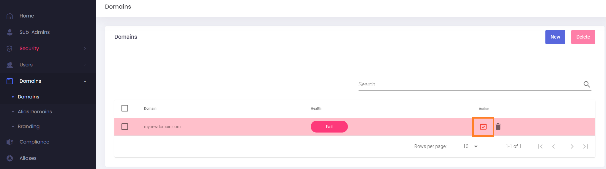 Admin Panel - added new domain - click the Verify button to get info to verify domain