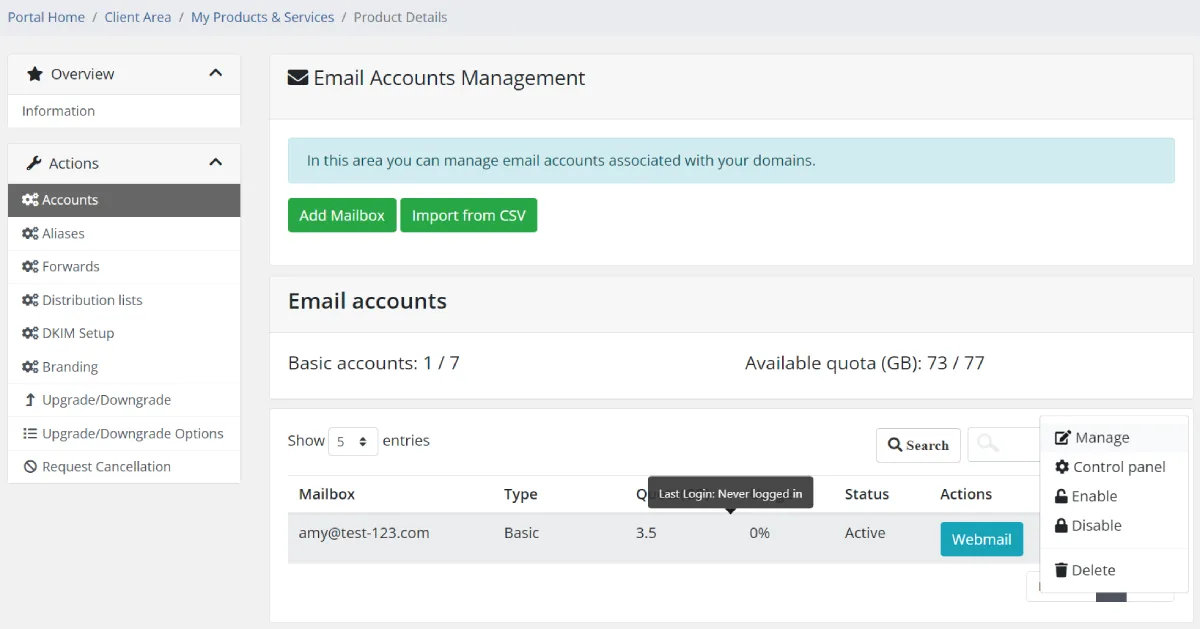PolarisMail WHMCS module - Client Area - manage mailboxes, login to webmail and mailbox control panel